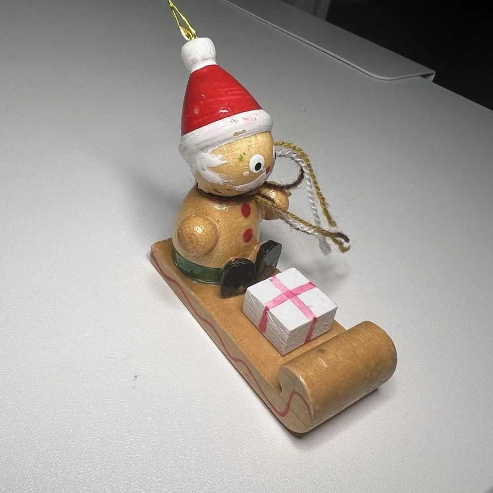 Vintage Wooden Ornament Santa‎ Claus Riding Sled